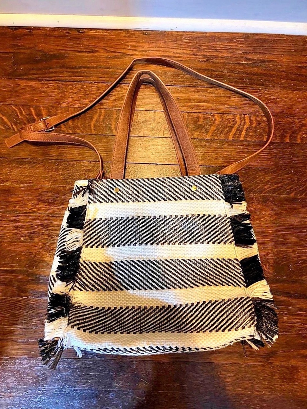 Striped Fringe Tote in Black & White